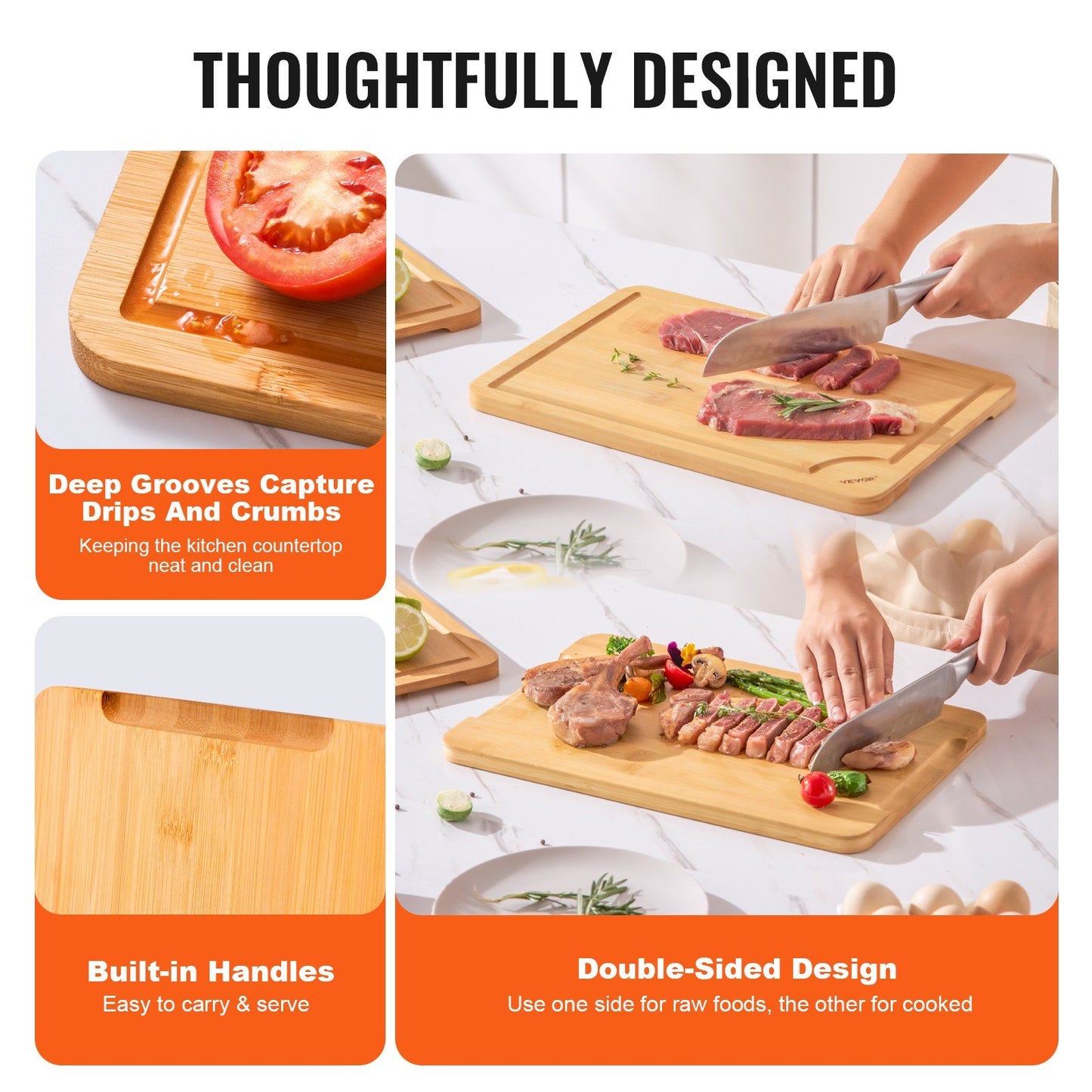 Cutting Board, 3 Pieces, Premium Versatile Bamboo Cutting Board with Food-Grade Oil and Juice Groove,Sturdy & Durable Chopping Board with Built-in Handle, Fit for Display, Chopping & Serving - KNM Sundry