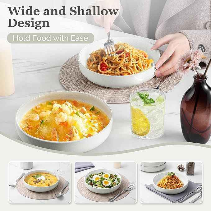 HaWare Pasta Bowls Set of 4, 33oz Large Salad Bowls for Home Kitchen, Ceramic Serving Plates for Soup, Cereal, Scratch-resistant Wide and Shallow Dinner Bowl, Microwave & Dishwasher Safe, Milky Whit
