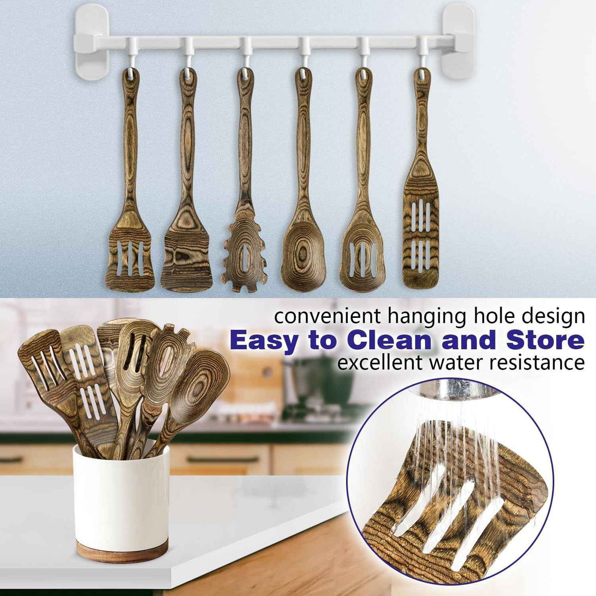 Pakkawood 6-Piece Wooden Cooking Utensil Set - HOWHONG Wood Kitchen Utensil Set, Wooden Spoons for Cooking and Serving, Nonstick Safe Non-Toxic Wooden Cooking Tools Long Handle Design (Granite Color)
