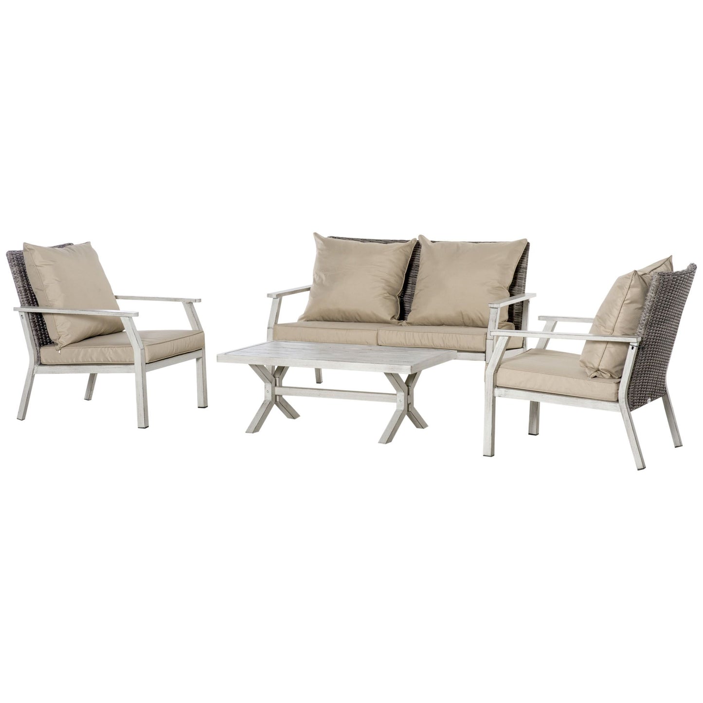 Patio Conversational Bliss: 4-Piece Wicker Loveseat Set with Coffee Table, Beige | Intimate Outdoor Lounge. - KNM Sundry