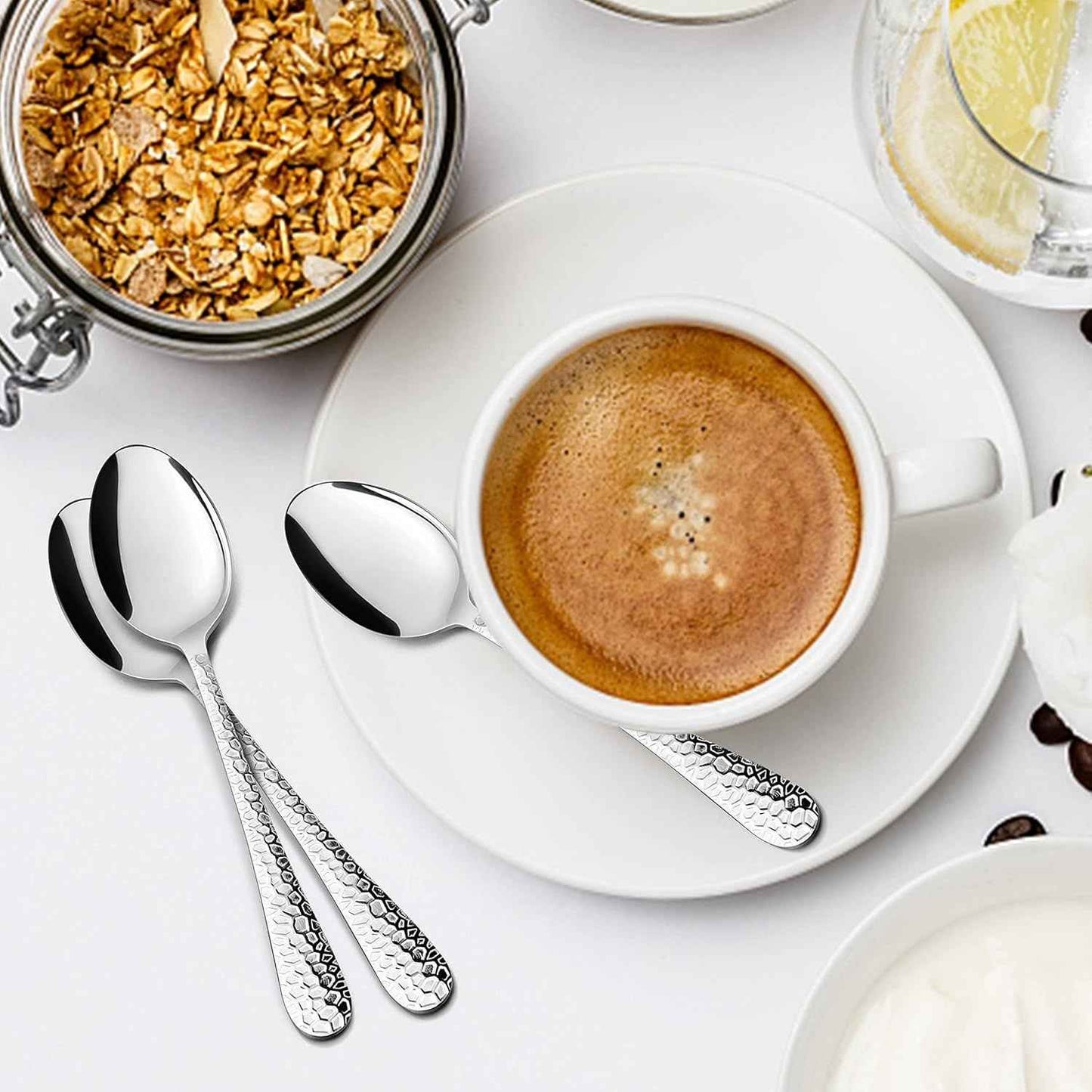 12-Piece Small Coffee Spoons, 6-Inch Stainless Steel Espresso Spoons for Coffee/Sugar/Tea, Hammered Design & Rust Free, Dishwasher Safe