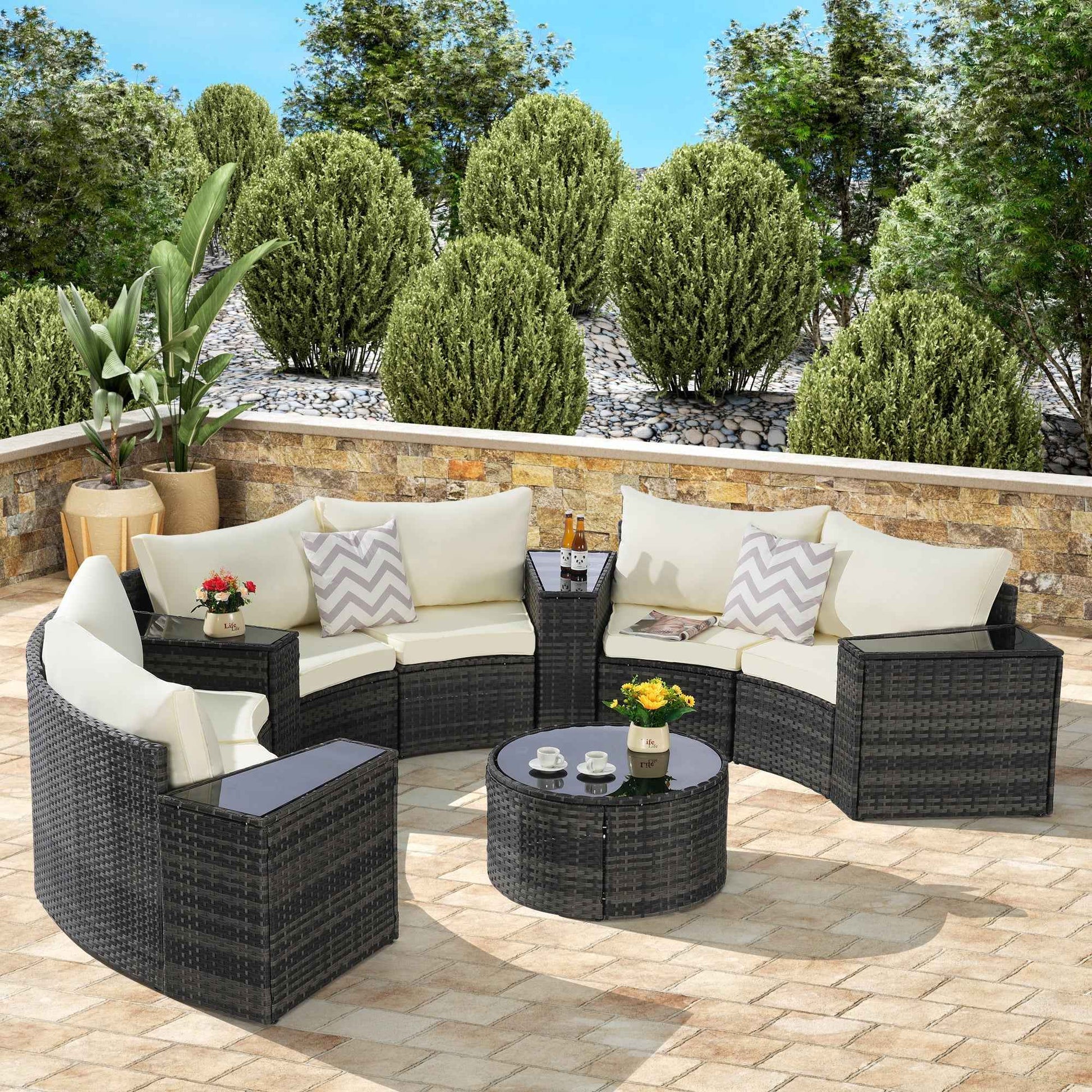 Outdoor Patio Furniture 11-Piece Half-Moon Sectional Round Patio