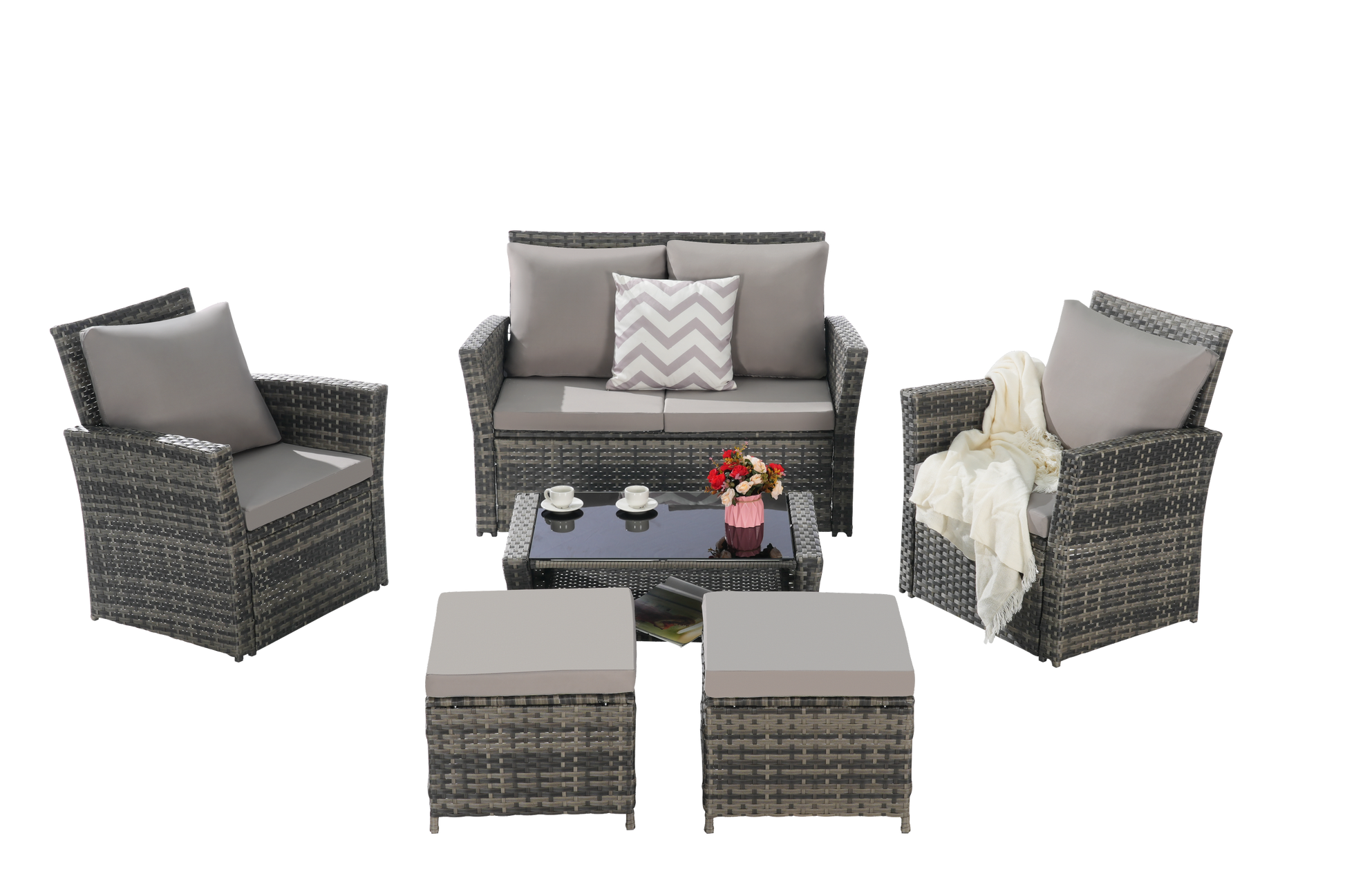 6 Piece Wicker Patio Furniture Set – Outdoor Rattan Sofa Set with