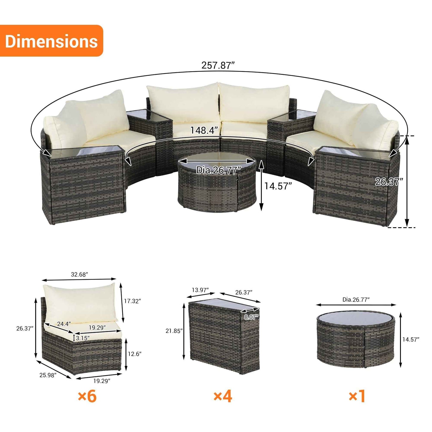 Outdoor Patio Furniture 11-Piece Half-Moon Sectional Round Patio