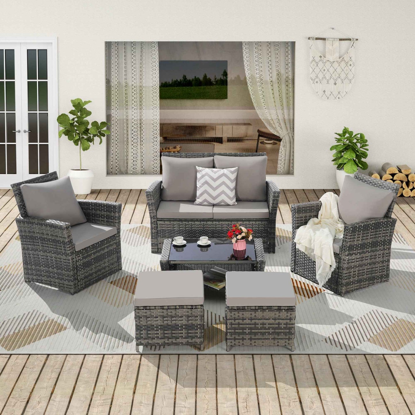 6 Piece Wicker Patio Furniture Set – Outdoor Rattan Sofa Set with