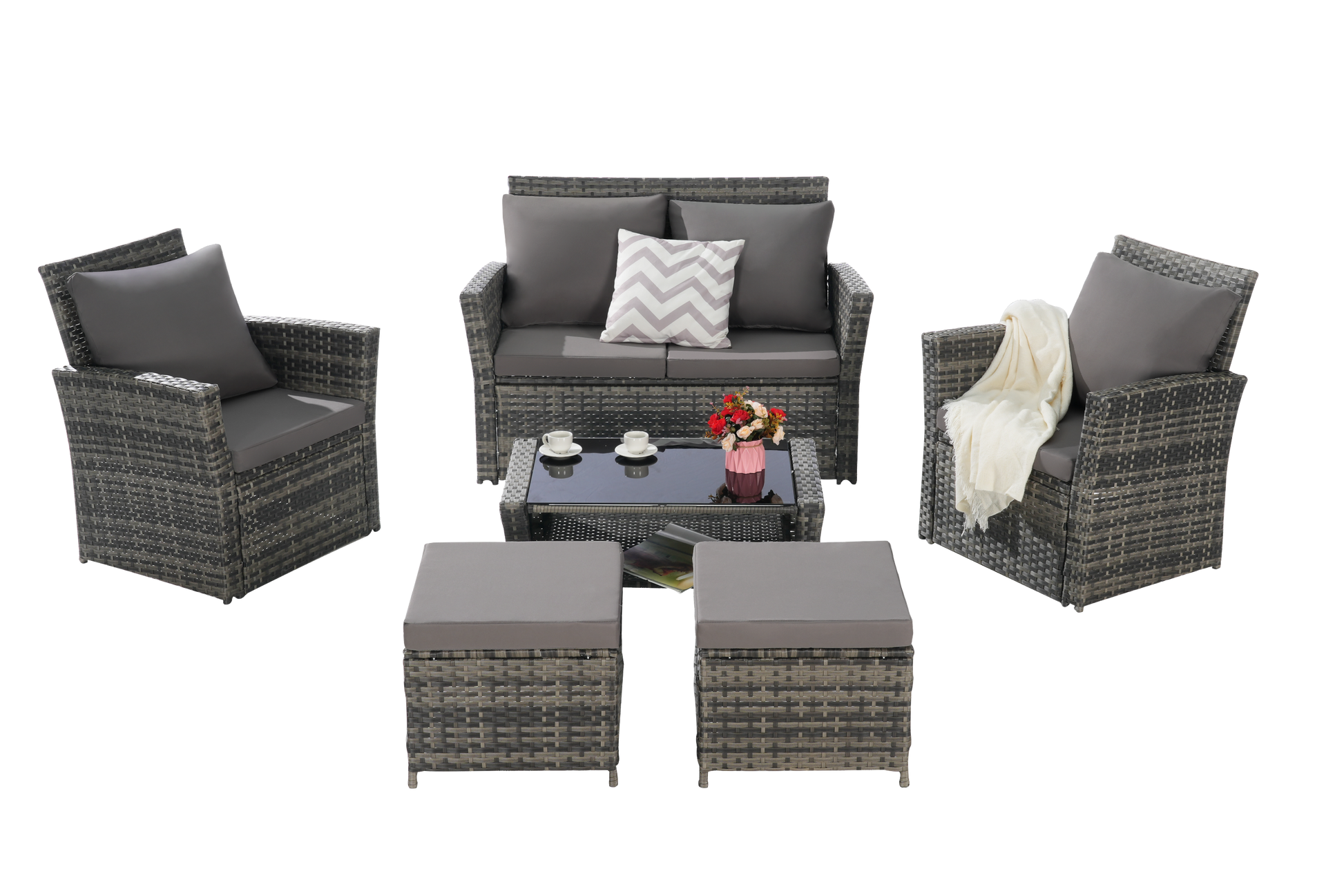 6 Piece Wicker Patio Furniture Set – Outdoor Rattan Sofa Set with