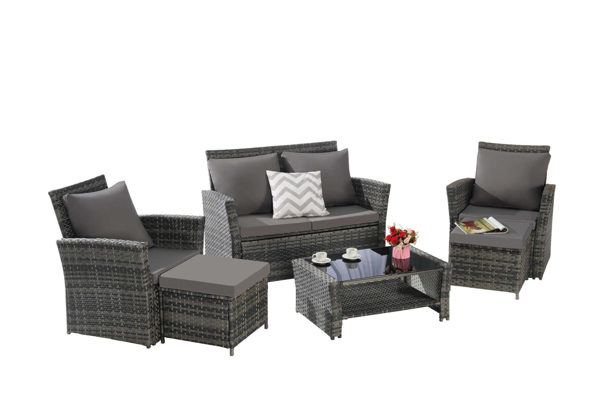 6 Piece Wicker Patio Furniture Set – Outdoor Rattan Sofa Set with