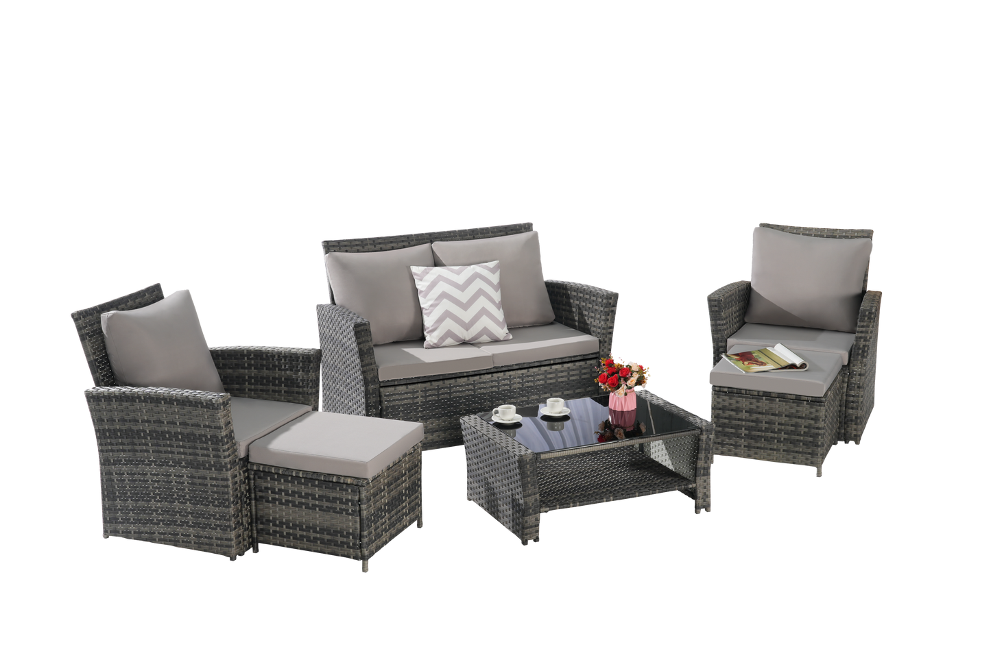 6 Piece Wicker Patio Furniture Set – Outdoor Rattan Sofa Set with