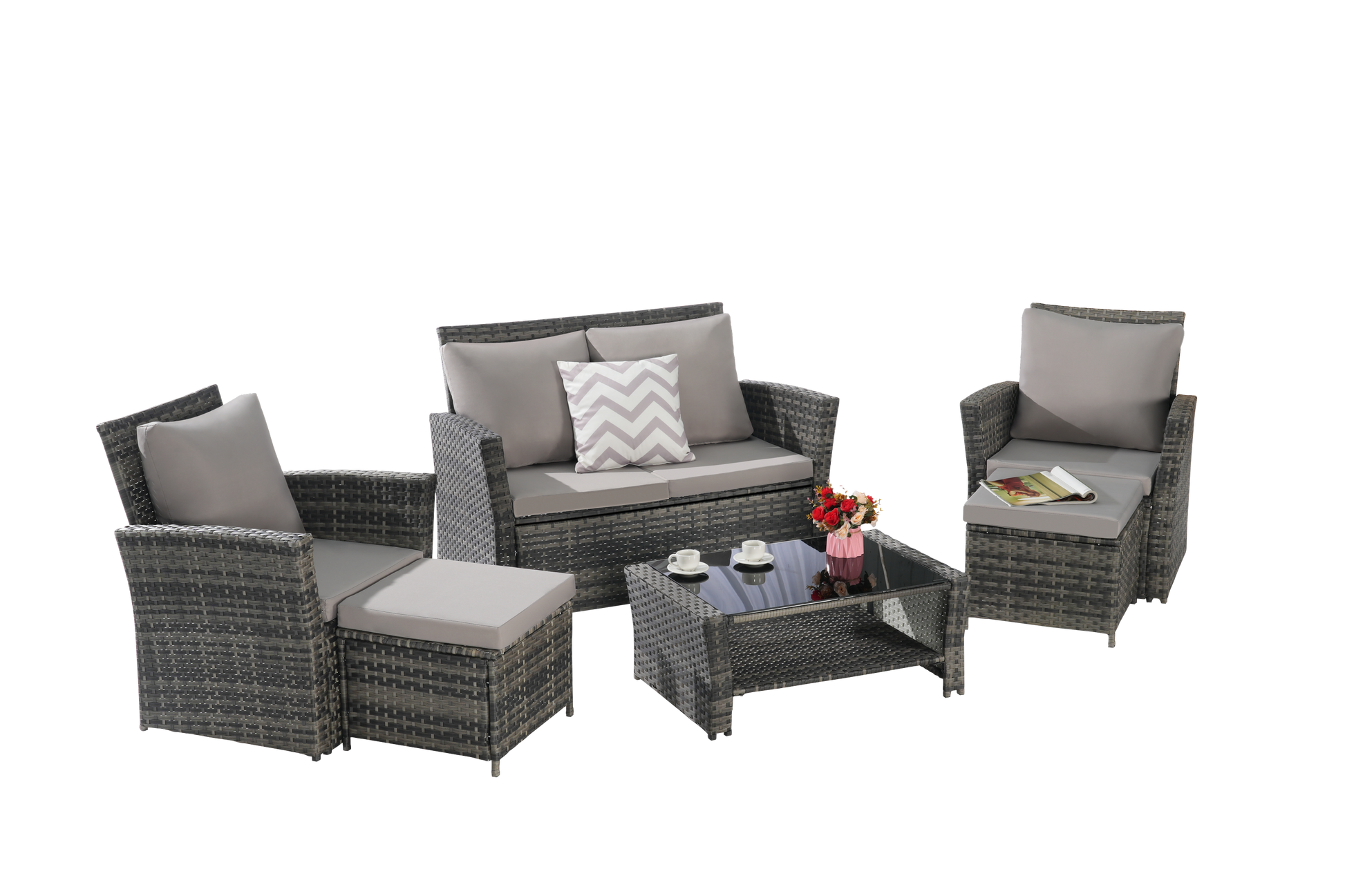 6 Piece Wicker Patio Furniture Set – Outdoor Rattan Sofa Set with