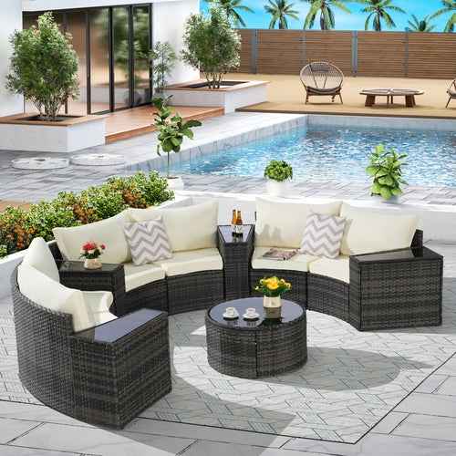 Outdoor Patio Furniture 11-Piece Half-Moon Sectional Round Patio