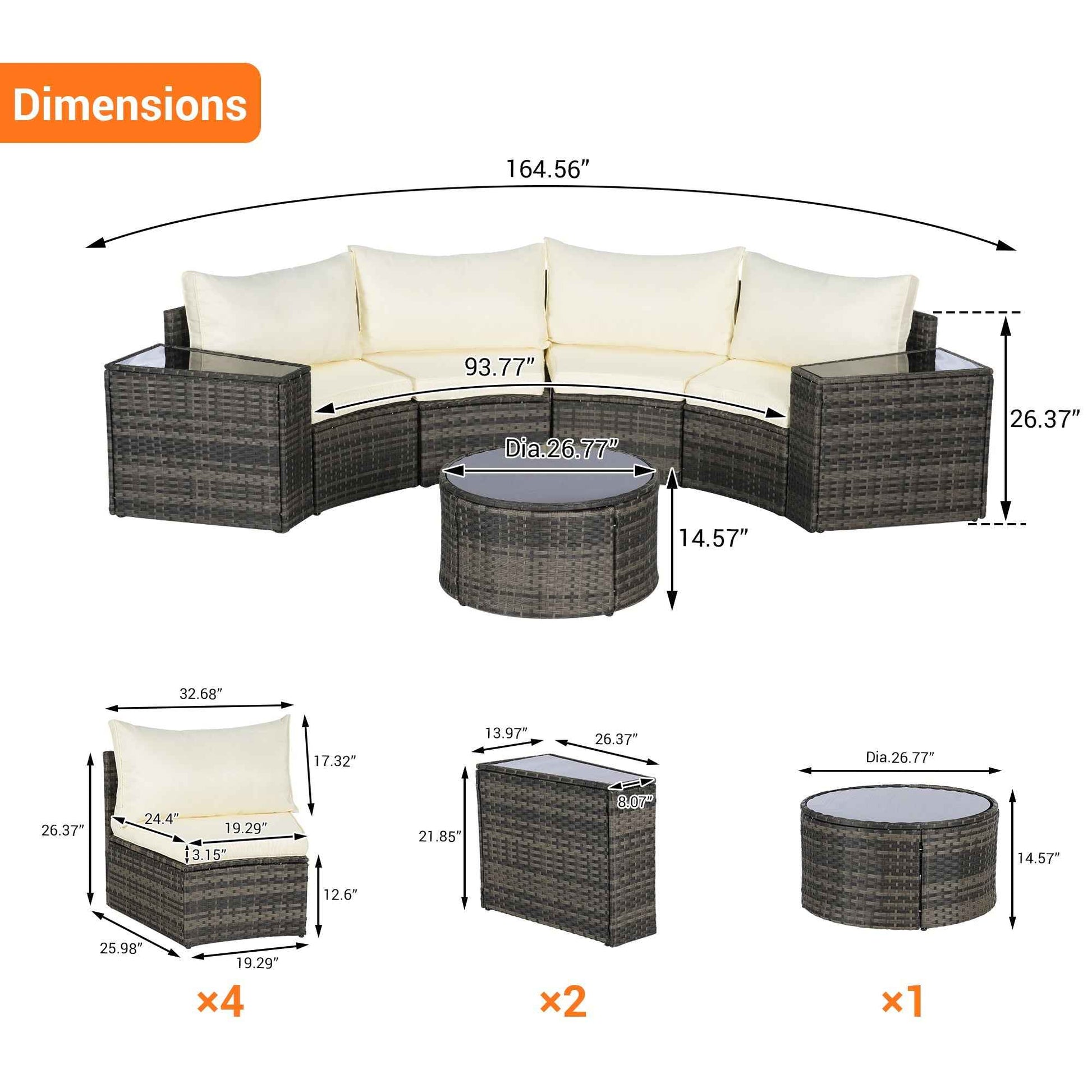 Outdoor Patio Furniture 7-Piece Half-Moon Sectional Round Patio