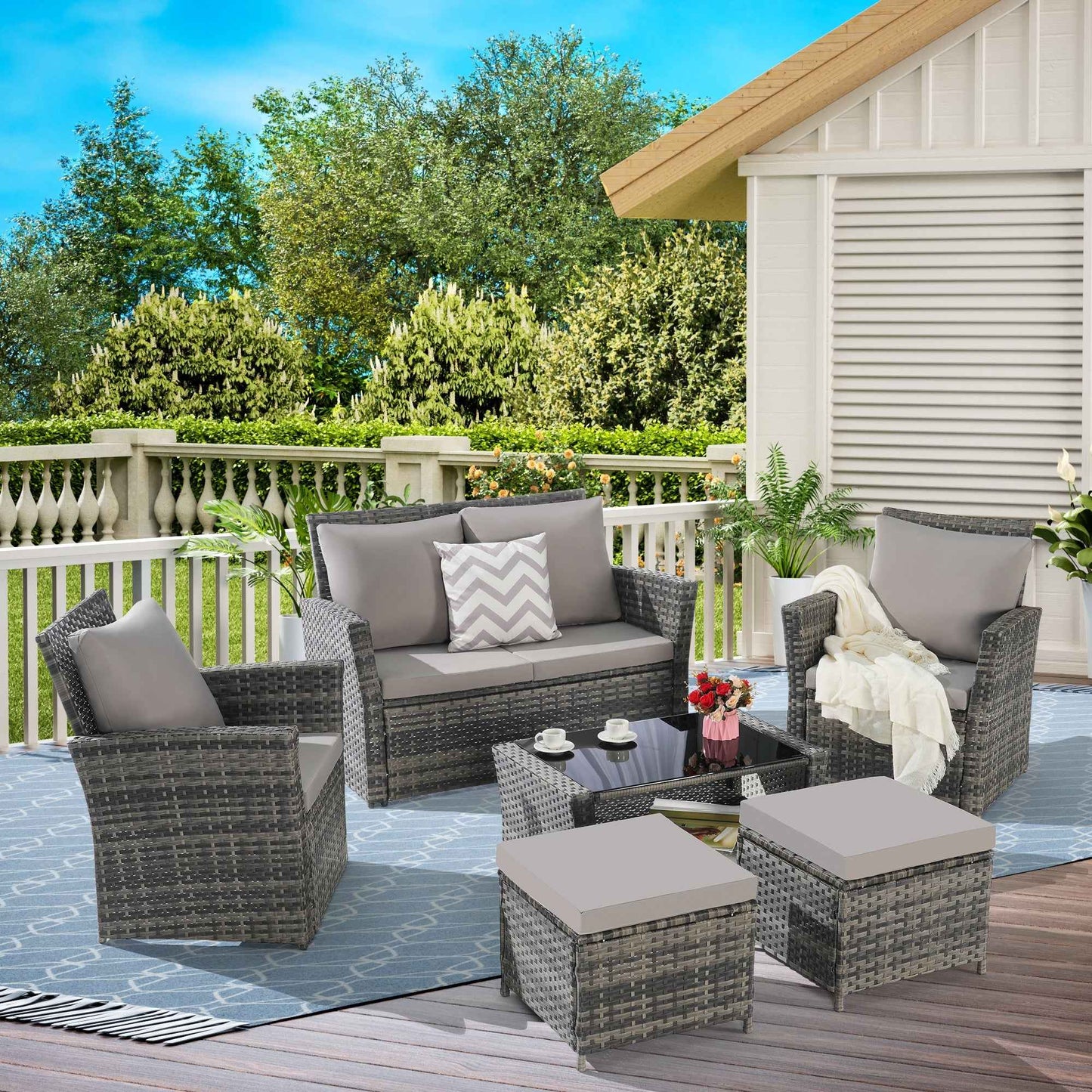 6 Piece Wicker Patio Furniture Set – Outdoor Rattan Sofa Set with