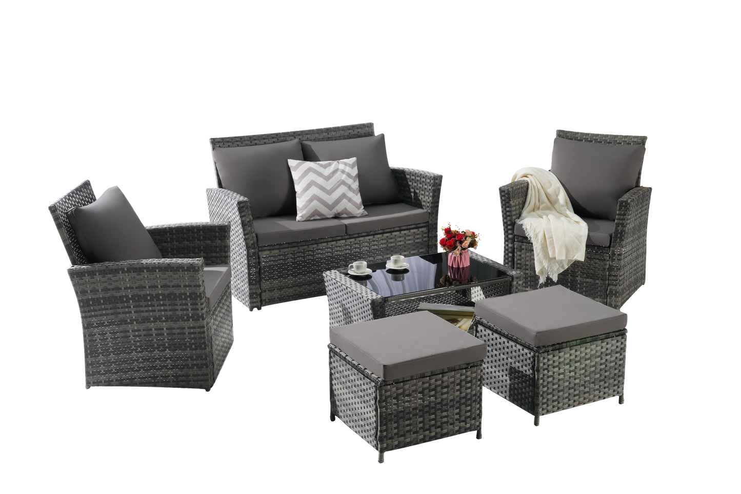 6 Piece Wicker Patio Furniture Set – Outdoor Rattan Sofa Set with