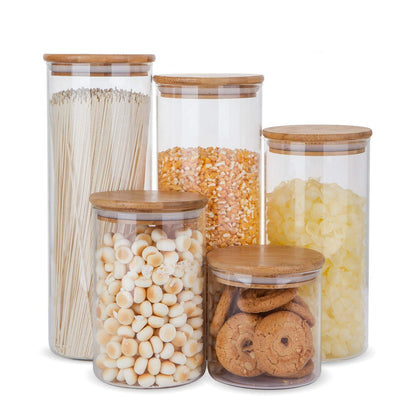 Glass Food Storage Containers, Food Jars with Bamboo Wooden Lids - Set - KNM Sundry