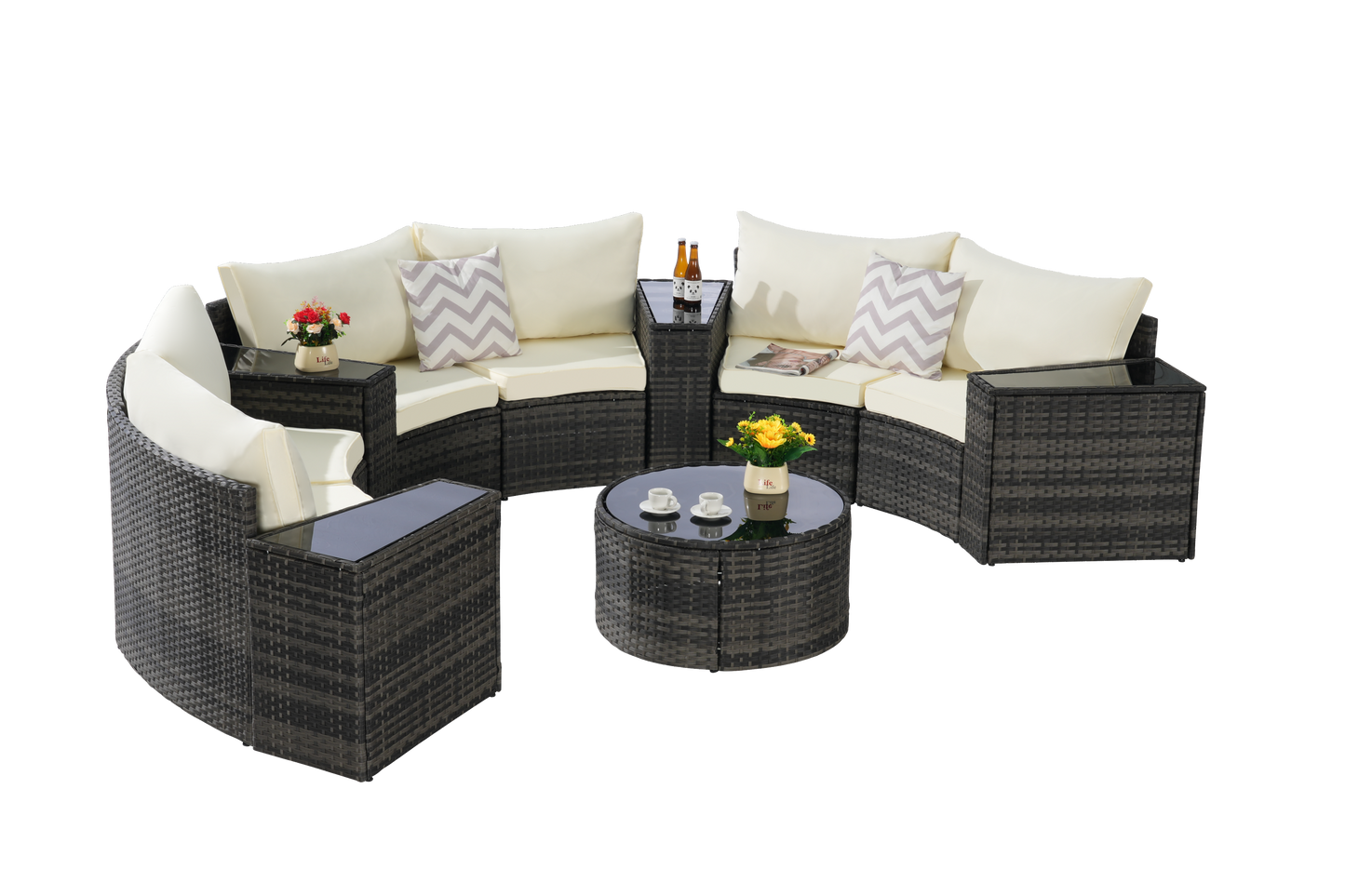 Outdoor Patio Furniture 11-Piece Half-Moon Sectional Round Patio
