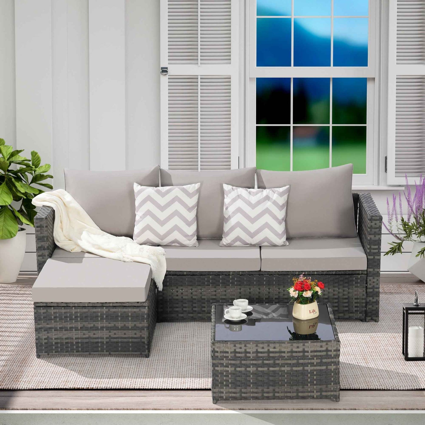 2 Piece Outdoor L-Shaped Wicker Patio Set – Sectional Sofa with