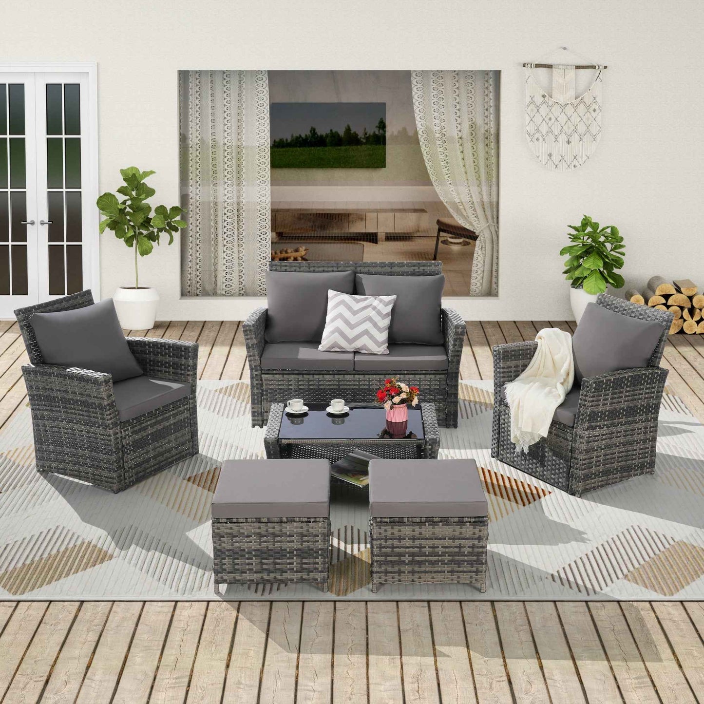 6 Piece Wicker Patio Furniture Set – Outdoor Rattan Sofa Set with