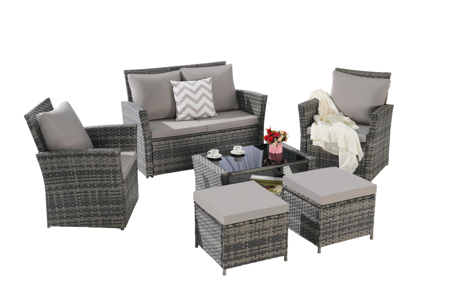 6 Piece Wicker Patio Furniture Set – Outdoor Rattan Sofa Set with