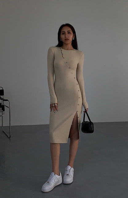 Curved Button Down Knit Dress
