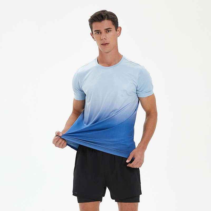 Summer Mens Sports Leisure Fashion Gradient Short Sleeve Top Fitness Running Quick Dry T-shirt