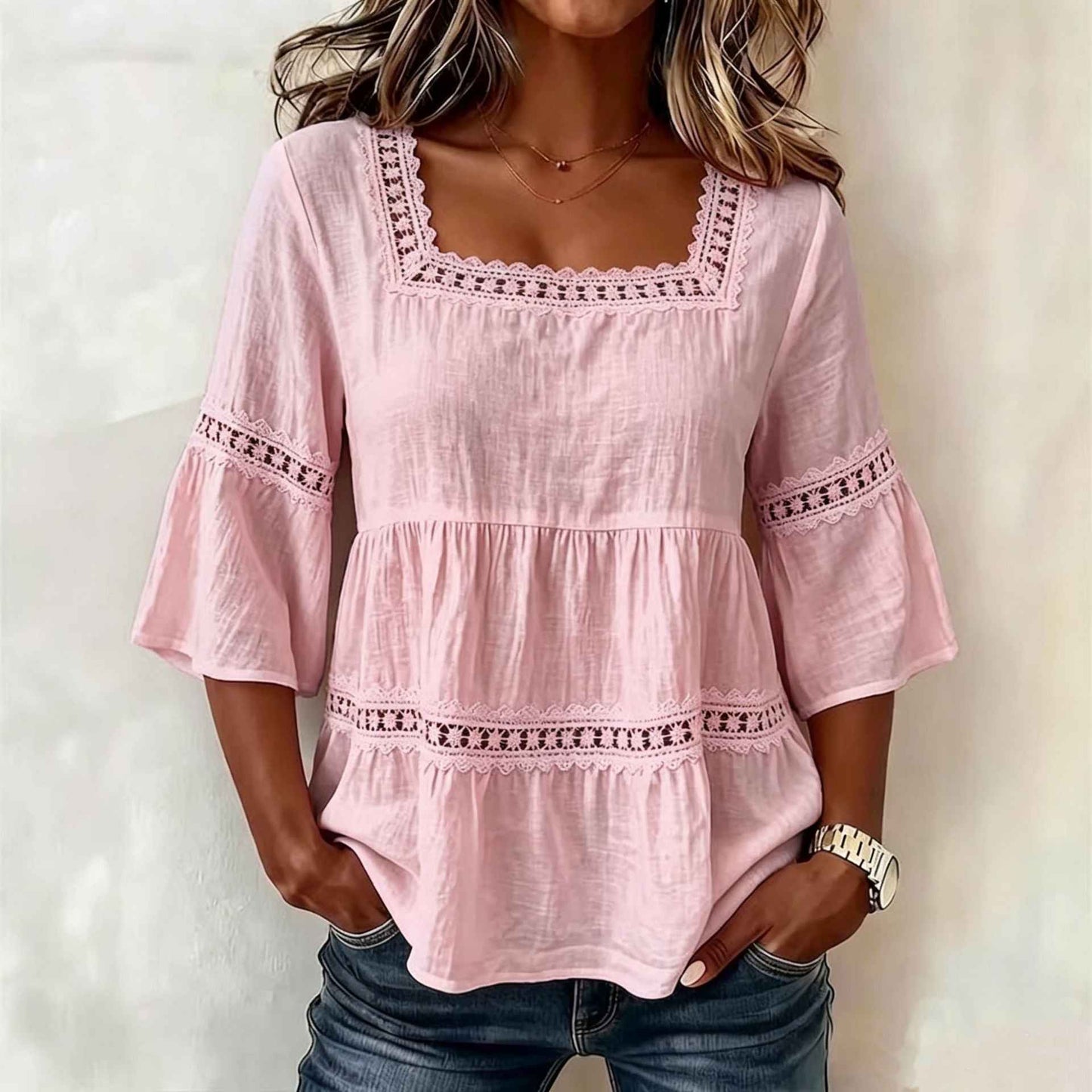 Cotton And Linen Lace Trim  Short Sleeve Top For Women