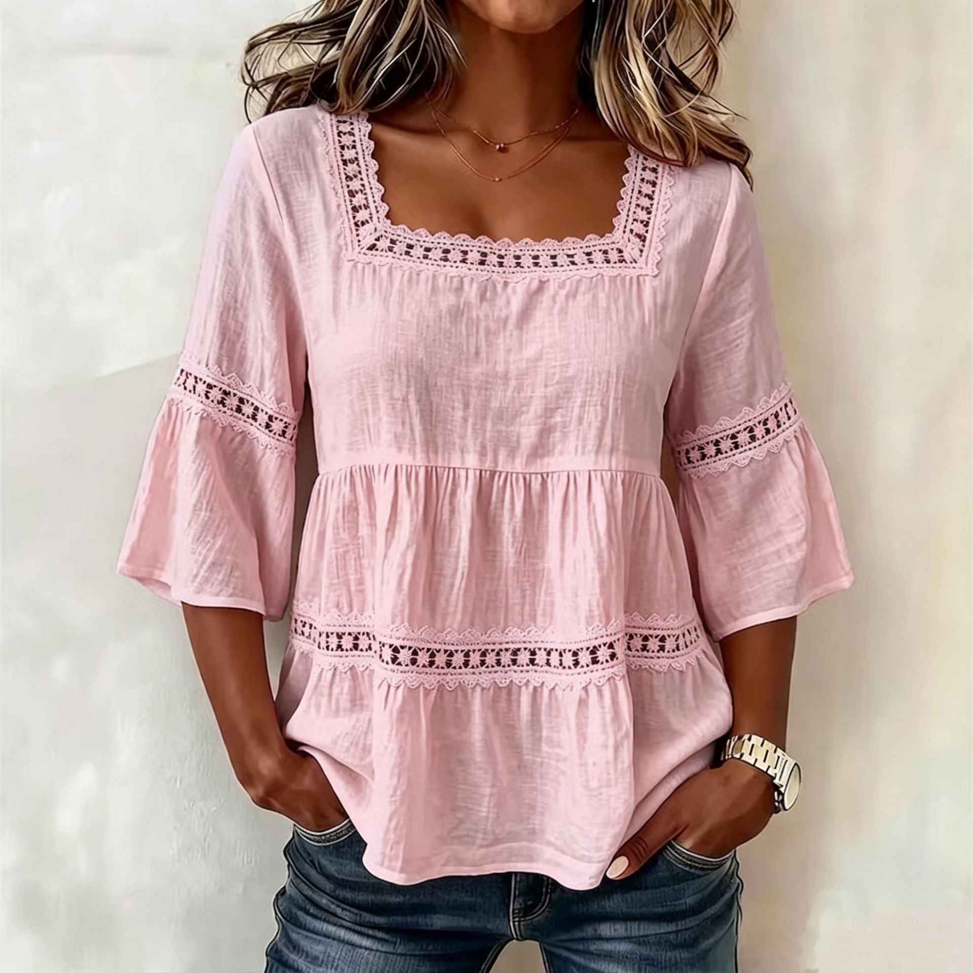 Cotton And Linen Lace Trim  Short Sleeve Top For Women