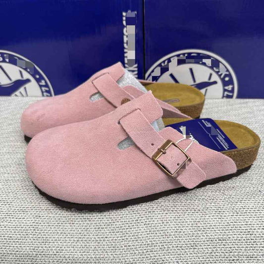 Large Size Genuine Leather Birkenstock Shoes Cork Thick Soles For Outer Wear, Lazy Classic Toe-Cap Half Slippers For Women