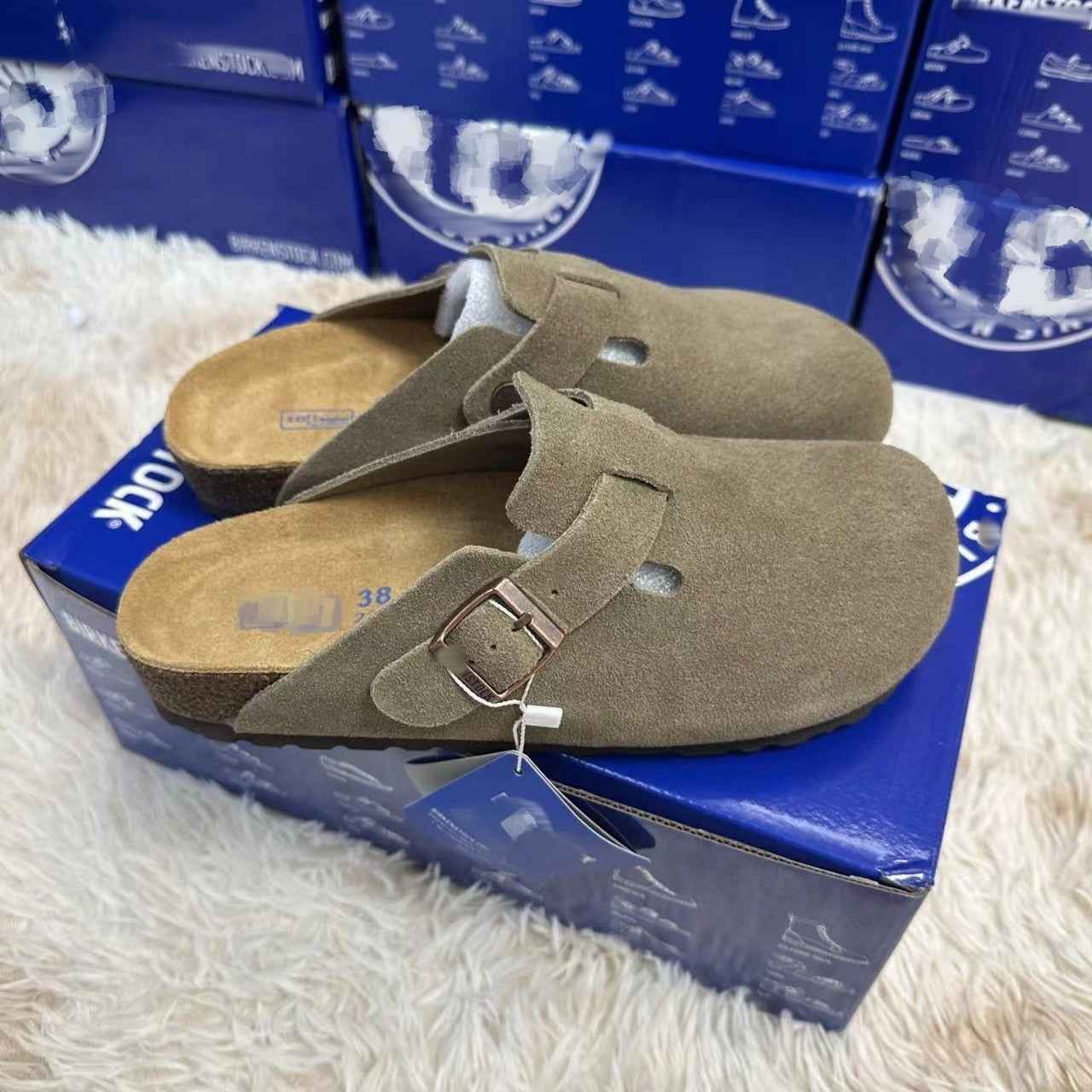 Large Size Genuine Leather Birkenstock Shoes Cork Thick Soles For Outer Wear, Lazy Classic Toe-Cap Half Slippers For Women