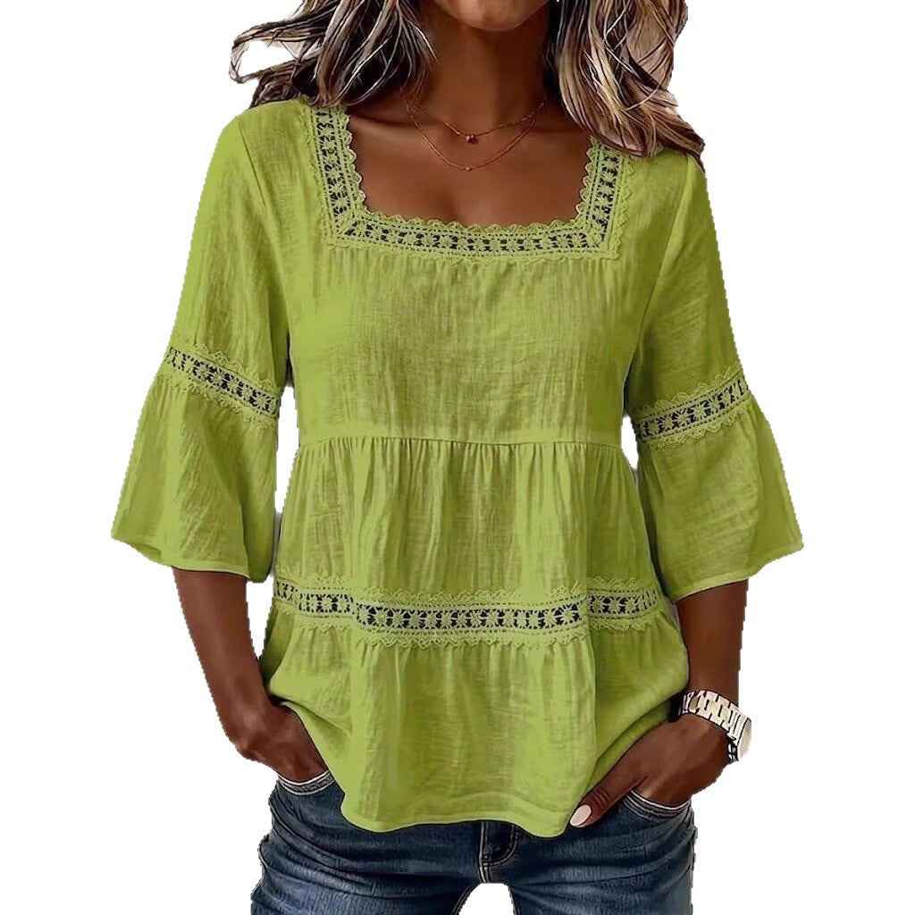 Cotton And Linen Lace Trim  Short Sleeve Top For Women