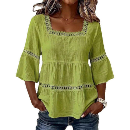 Cotton And Linen Lace Trim  Short Sleeve Top For Women