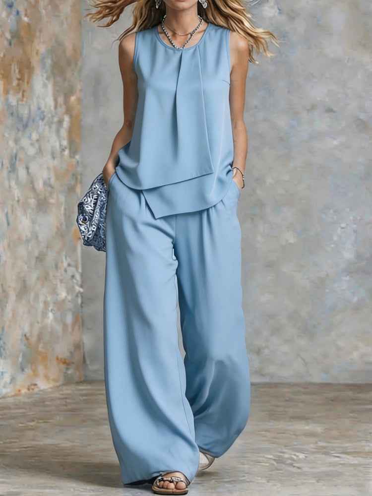 Polyester Women's Clothing Amazon Elegant Temperament Sleeveless Solid Color Irregular Top Wide Leg Pants Suit