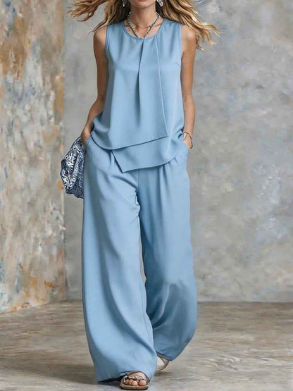 Polyester Women's Clothing Amazon Elegant Temperament Sleeveless Solid Color Irregular Top Wide Leg Pants Suit