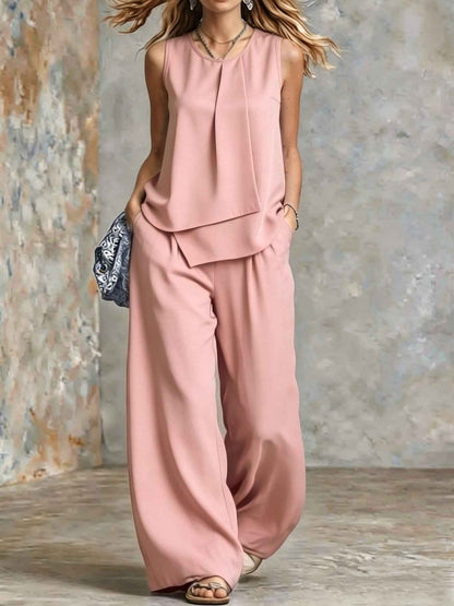 Polyester Women's Clothing Amazon Elegant Temperament Sleeveless Solid Color Irregular Top Wide Leg Pants Suit