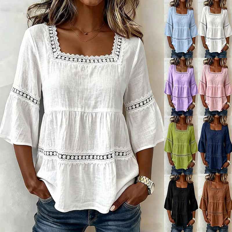 Cotton And Linen Lace Trim  Short Sleeve Top For Women
