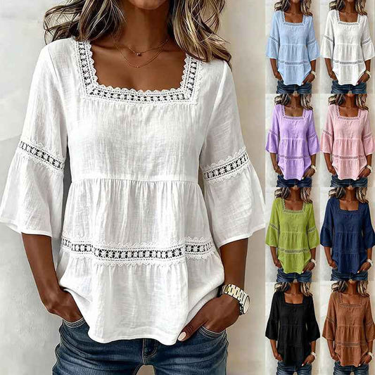 Cotton And Linen Lace Trim  Short Sleeve Top For Women