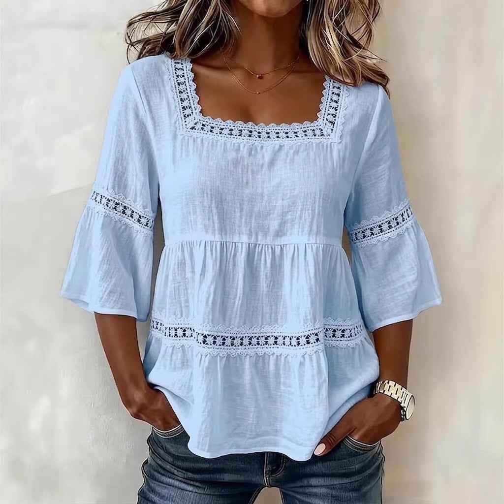 Cotton And Linen Lace Trim  Short Sleeve Top For Women