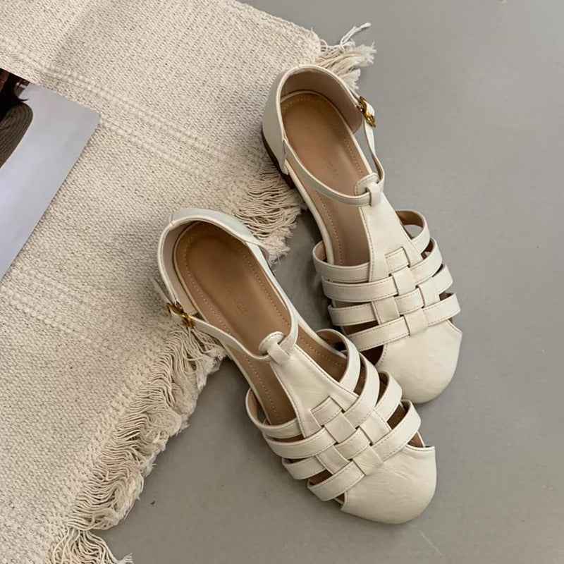 Retro Flat Brown Woven French Sandals For Women, 2025 New Summer Resort Style Shoes To Match With Skirts, Roman Shoes