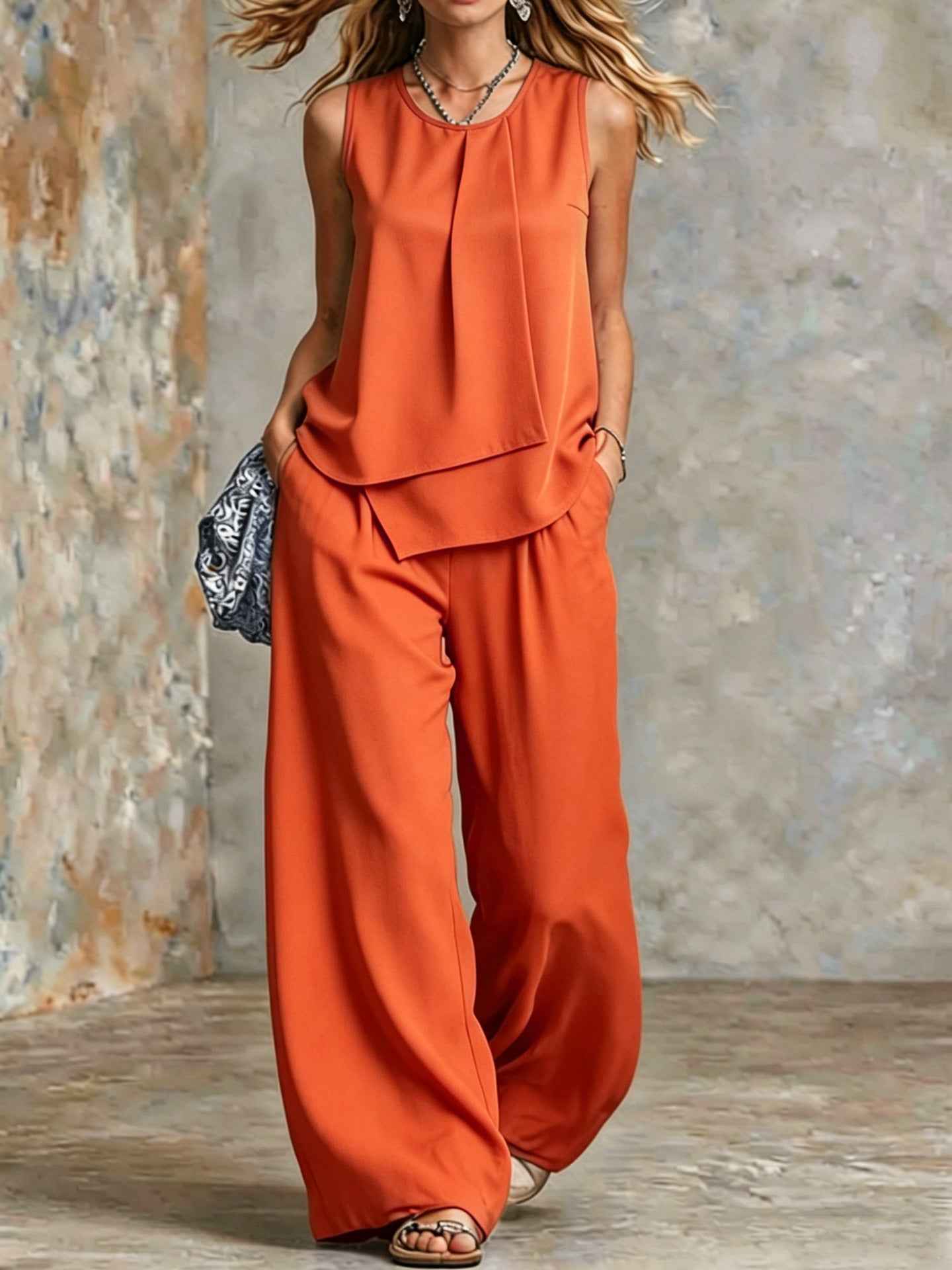 Polyester Women's Clothing Amazon Elegant Temperament Sleeveless Solid Color Irregular Top Wide Leg Pants Suit