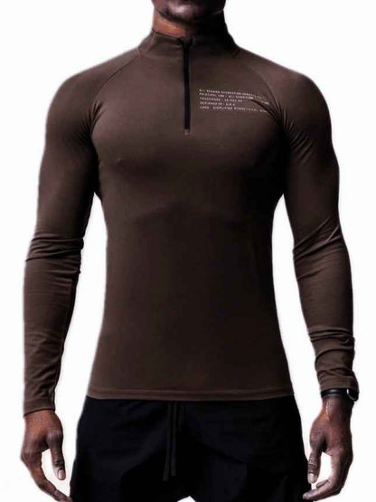 New Solid Color Sports Fitness Clothes Mens Velvet Small High Collar Half Zipper Training Long Sleeve T-shirt Running Top Trendy