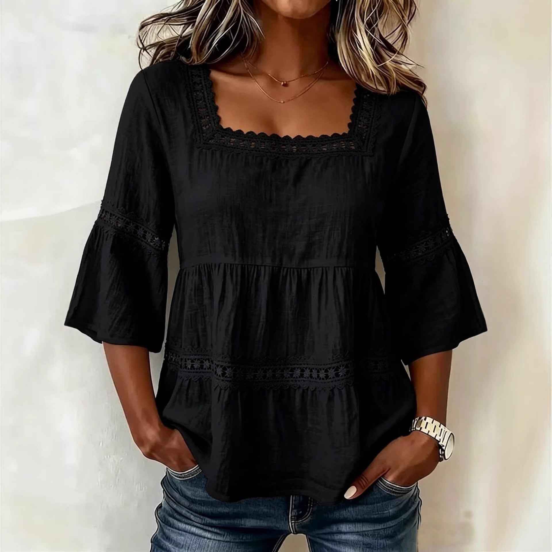Cotton And Linen Lace Trim  Short Sleeve Top For Women