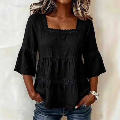 Cotton And Linen Lace Trim  Short Sleeve Top For Women