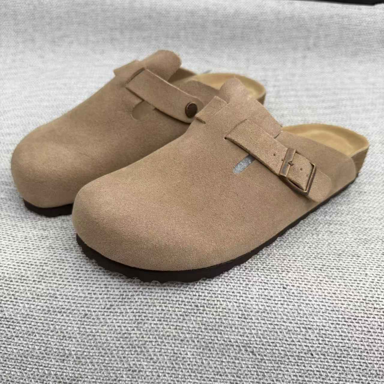 Large Size Genuine Leather Birkenstock Shoes Cork Thick Soles For Outer Wear, Lazy Classic Toe-Cap Half Slippers For Women