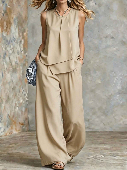 Polyester Women's Clothing Amazon Elegant Temperament Sleeveless Solid Color Irregular Top Wide Leg Pants Suit