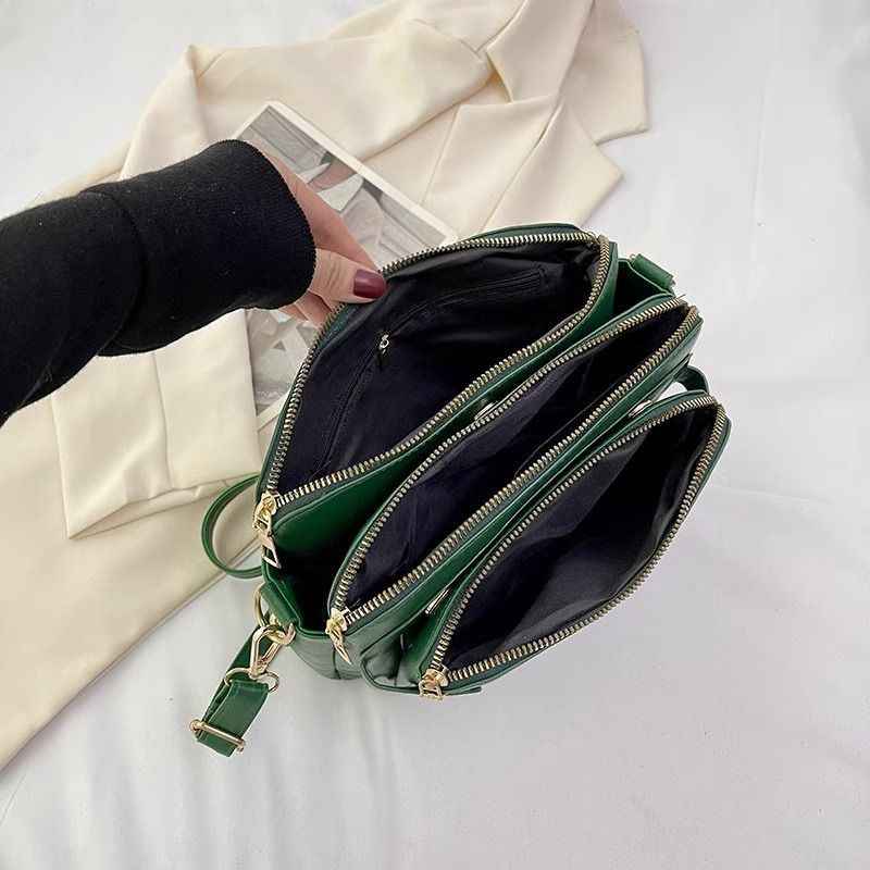 Retro Three-Layer Leather Crossbody Bag Multi-Compartment Handbag Small Square Bag