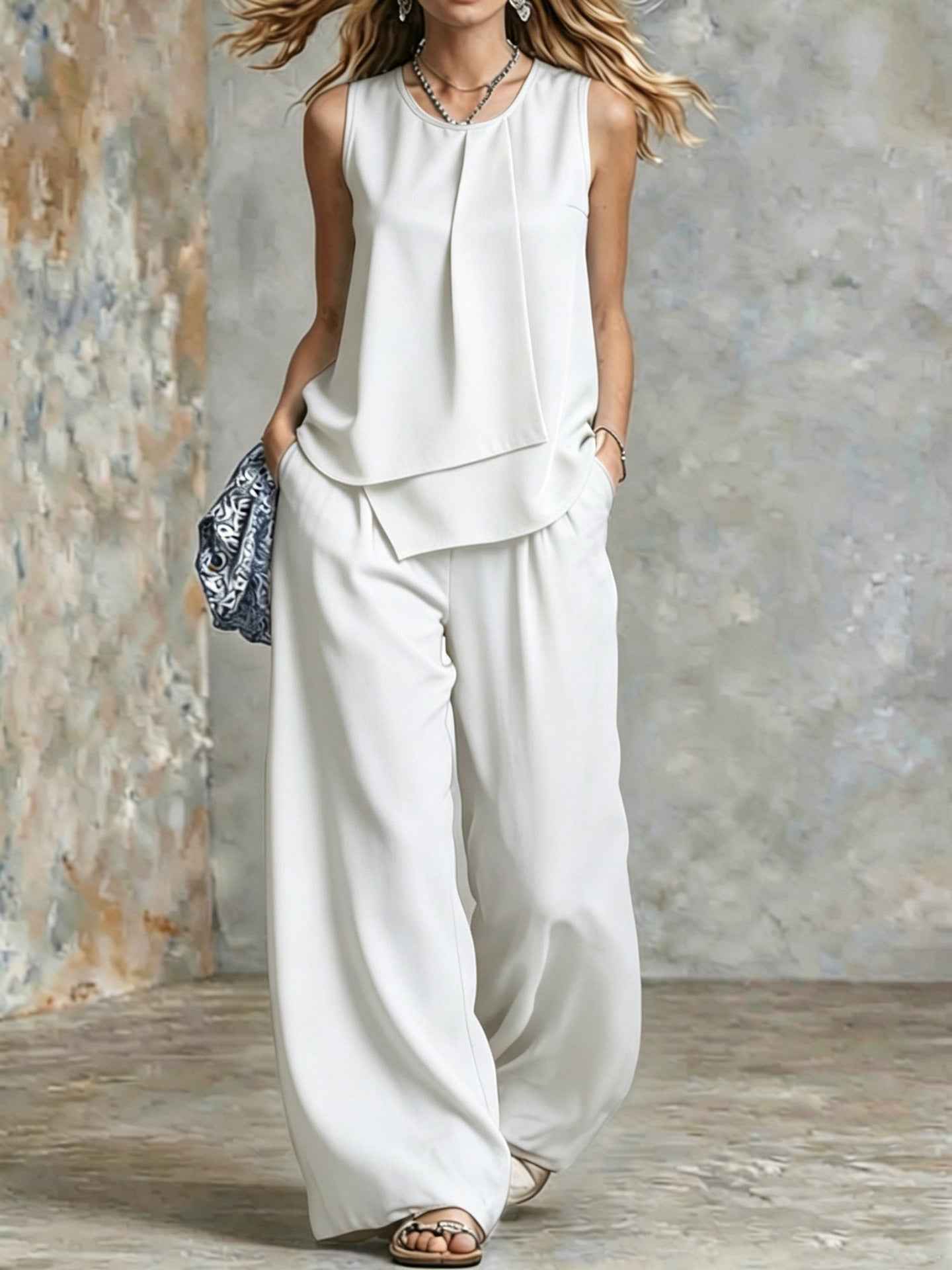 Polyester Women's Clothing Amazon Elegant Temperament Sleeveless Solid Color Irregular Top Wide Leg Pants Suit