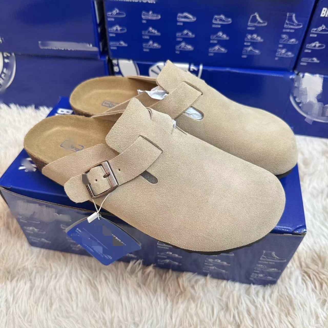 Large Size Genuine Leather Birkenstock Shoes Cork Thick Soles For Outer Wear, Lazy Classic Toe-Cap Half Slippers For Women