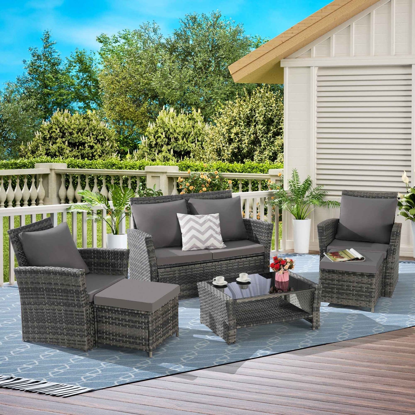 6 Piece Wicker Patio Furniture Set – Outdoor Rattan Sofa Set with
