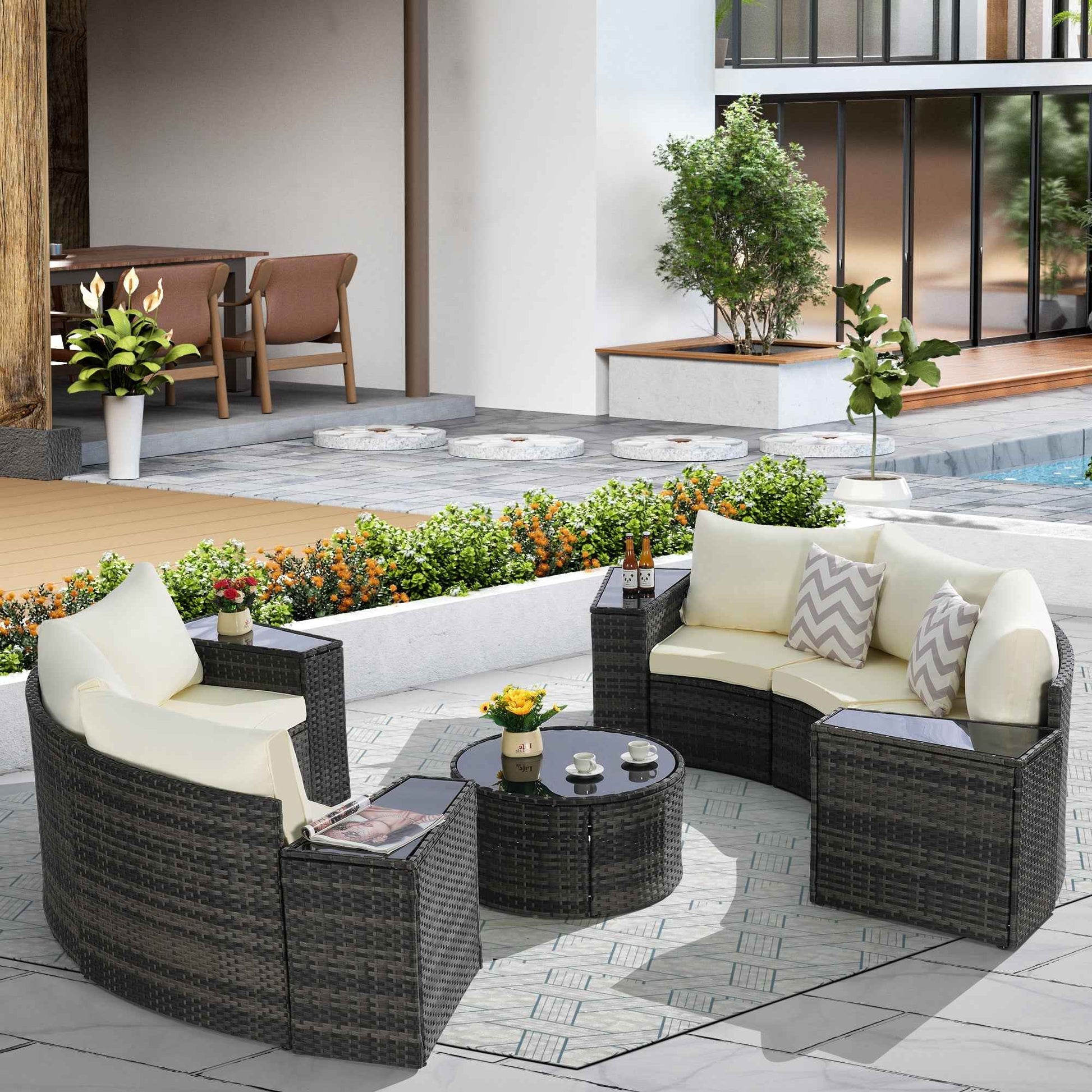 Outdoor Patio Furniture 11-Piece Half-Moon Sectional Round Patio