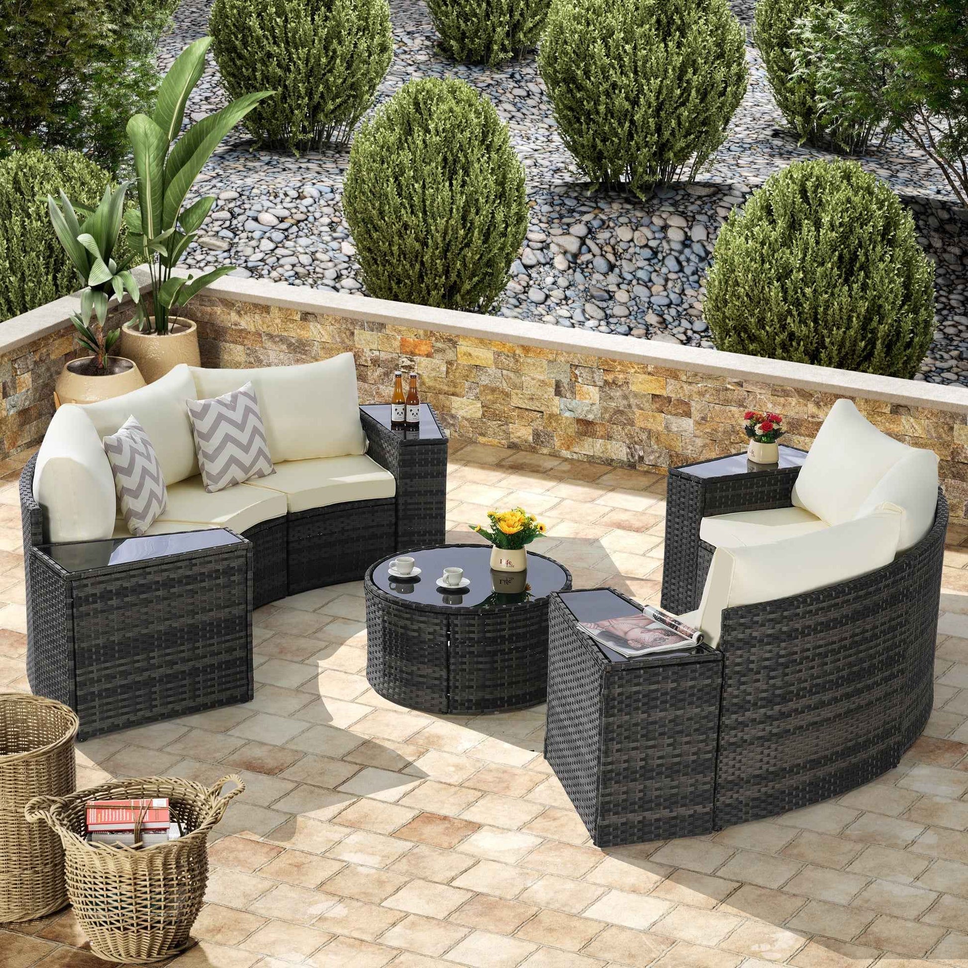 Outdoor Patio Furniture 11-Piece Half-Moon Sectional Round Patio