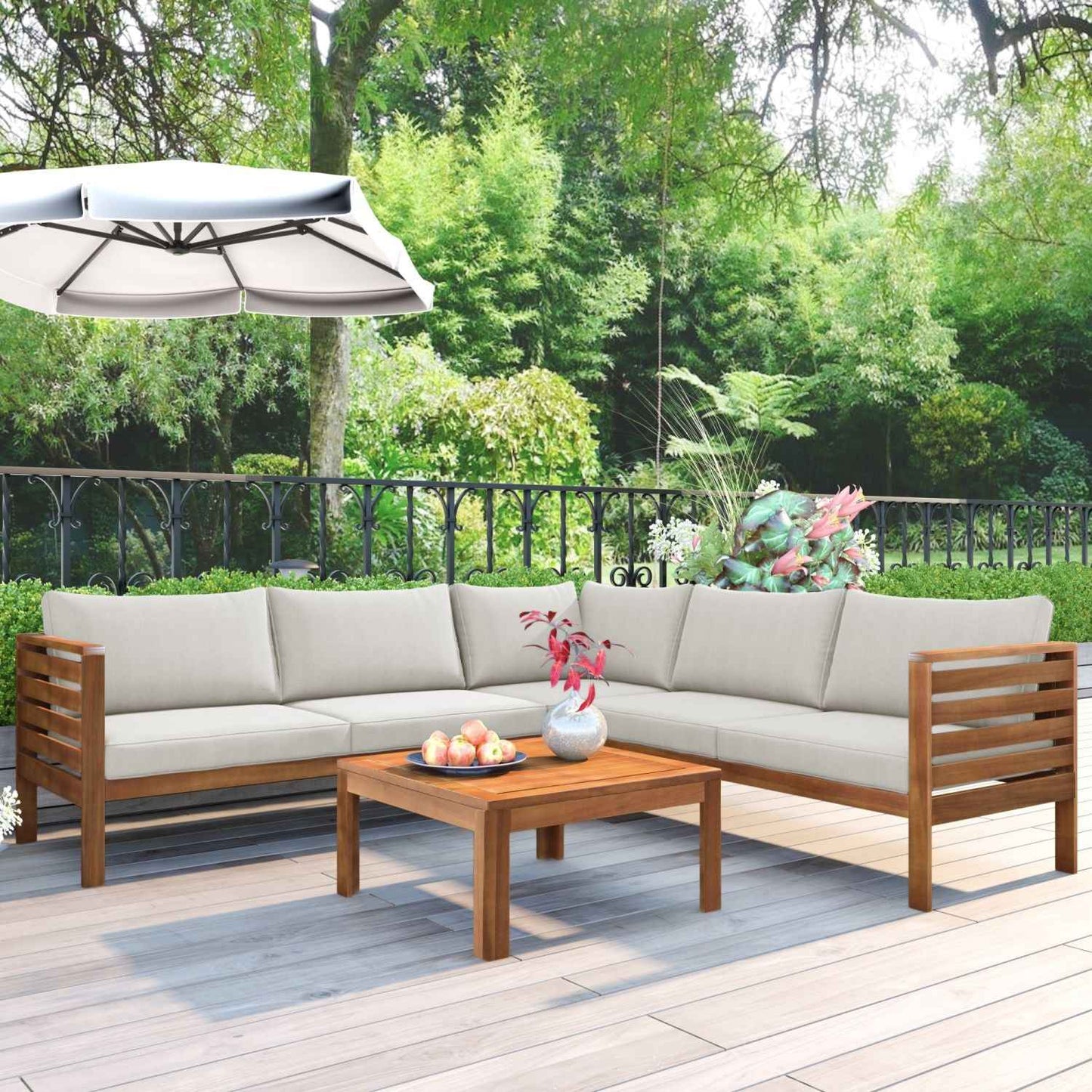 <Old SKU: FV201207AAK>Wood Structure Outdoor Sofa Set with beige Cushions Exotic design Water-resistant and UV Protected texture High quality acacia wood Strong Metal Accessories